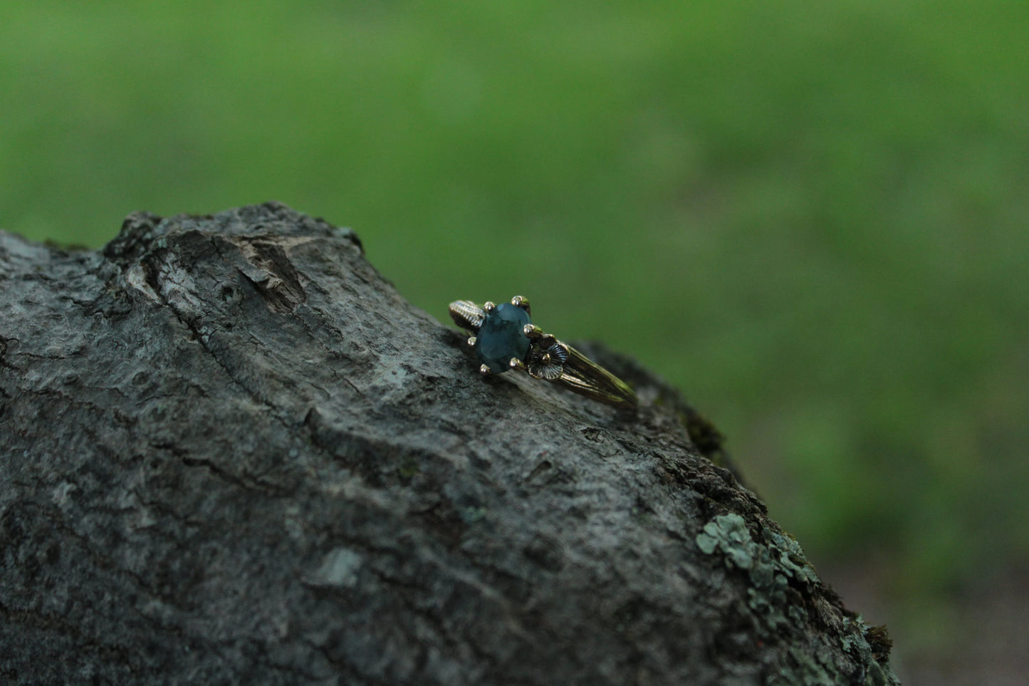Petals and Shells - Moss Agate Gold Snail Engagement Ring - JF Fantasy Jewelry