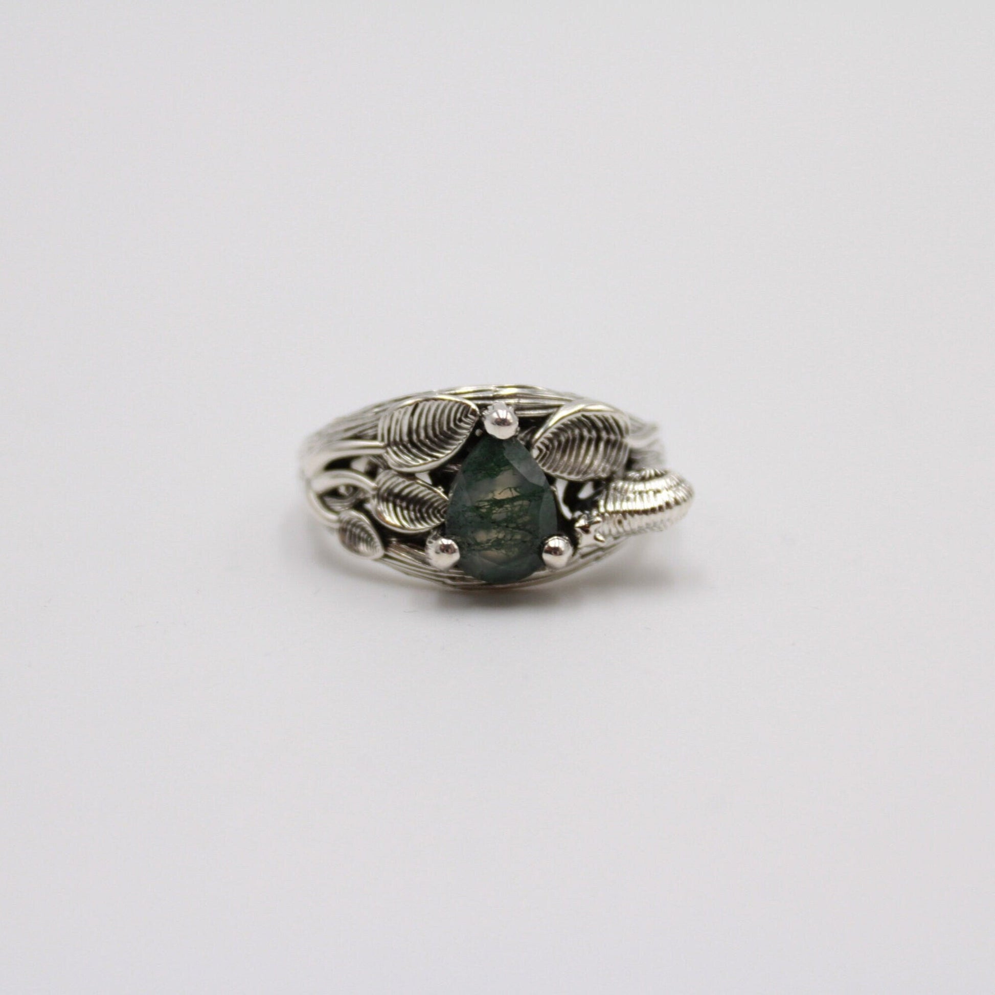 Garden Journey - Moss Agate Leaf Snail Ring - JF Fantasy Jewelry