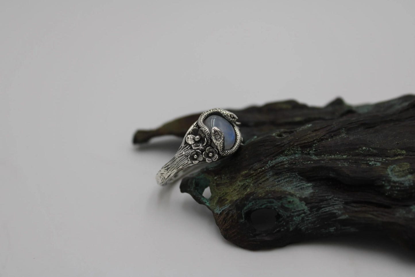 Snake & Bloom Ring – Moonstone Serpent Ring