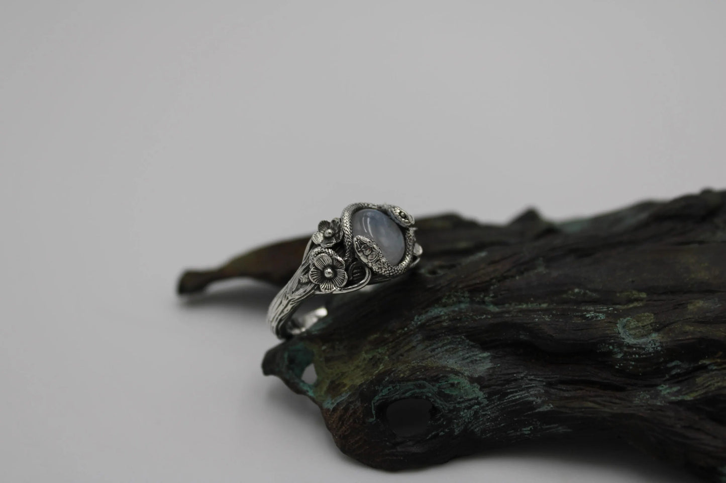 Snake & Bloom Ring – Moonstone Serpent Ring
