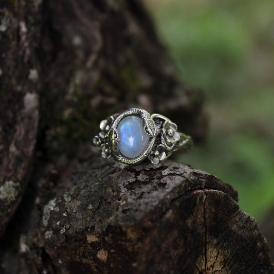 Snake & Bloom Ring – Moonstone Serpent Ring