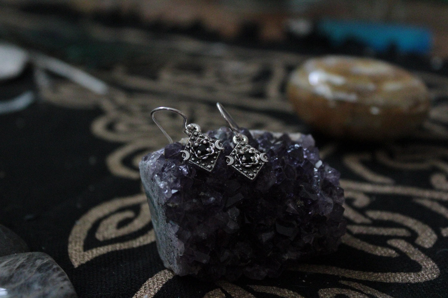 Lunar Bloom Black Spinel Lotus Earrings