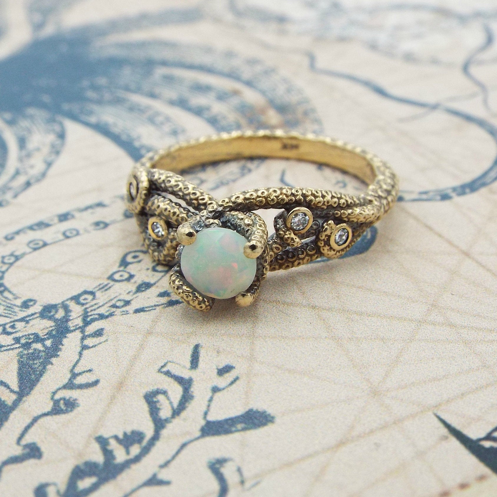 Opal And Diamond Fantasy Engagement ring in 14k gold - JF Fantasy Jewelry