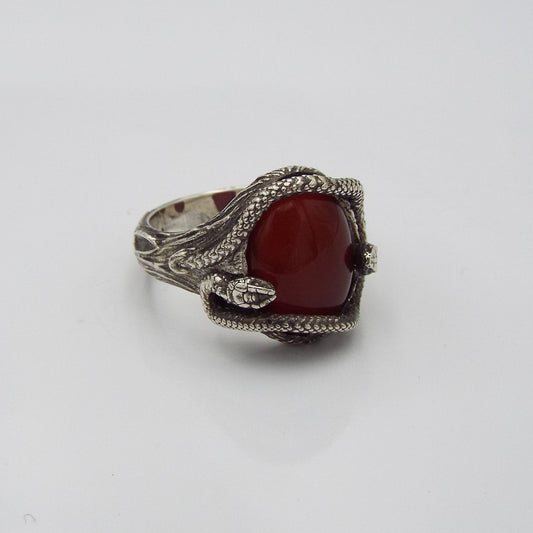 Large Red Carnelian Silver Snake Theme Ring - JF Fantasy Jewelry
