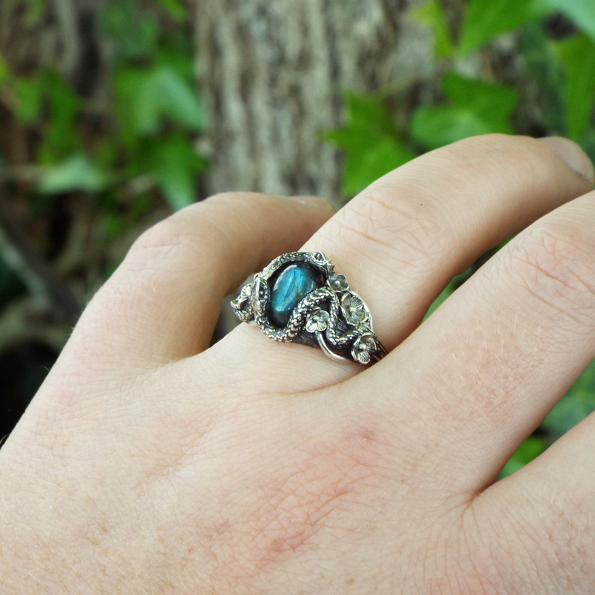 Citrine Snake and Flower Ring, Nature Inspired Ring, Magical Garden online Ring, Sterling Silver Citrine Snake Ring, Silver Cottagecore Snake Ring