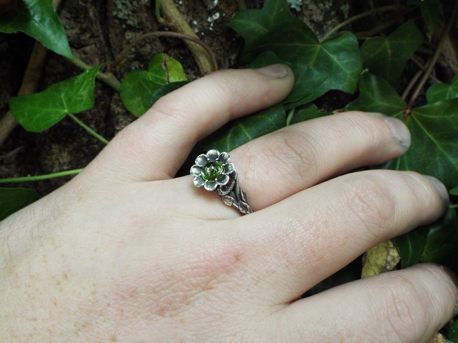 Blossoming Love Peridot Flower Engagement Ring - JF Fantasy Jewelry