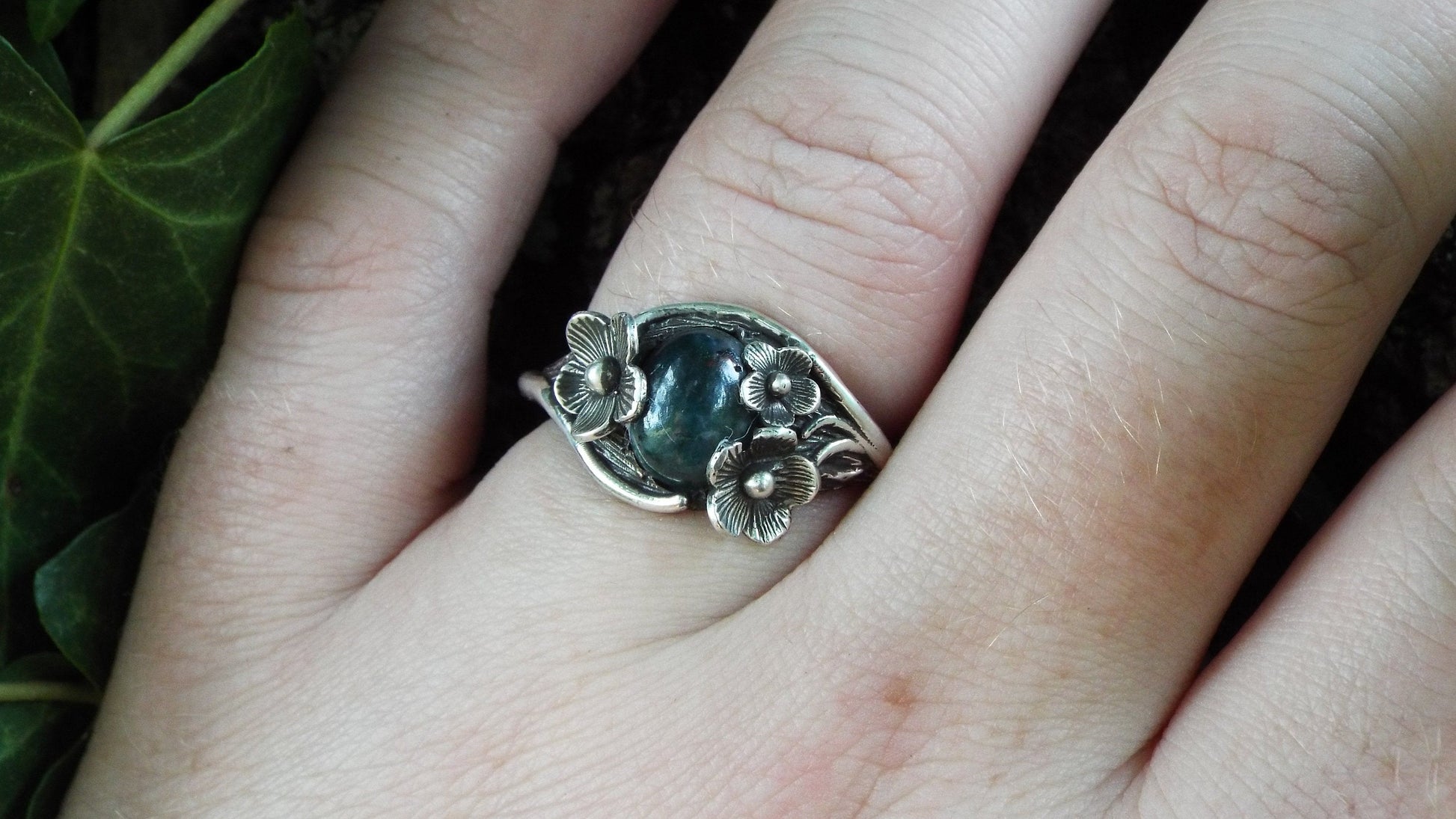 Moss Agate Sterling Silver Nature Inspired Flower Ring - JF Fantasy Jewelry