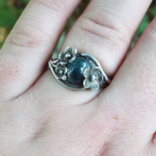 Moss Agate Sterling Silver Nature Inspired Flower Ring - JF Fantasy Jewelry