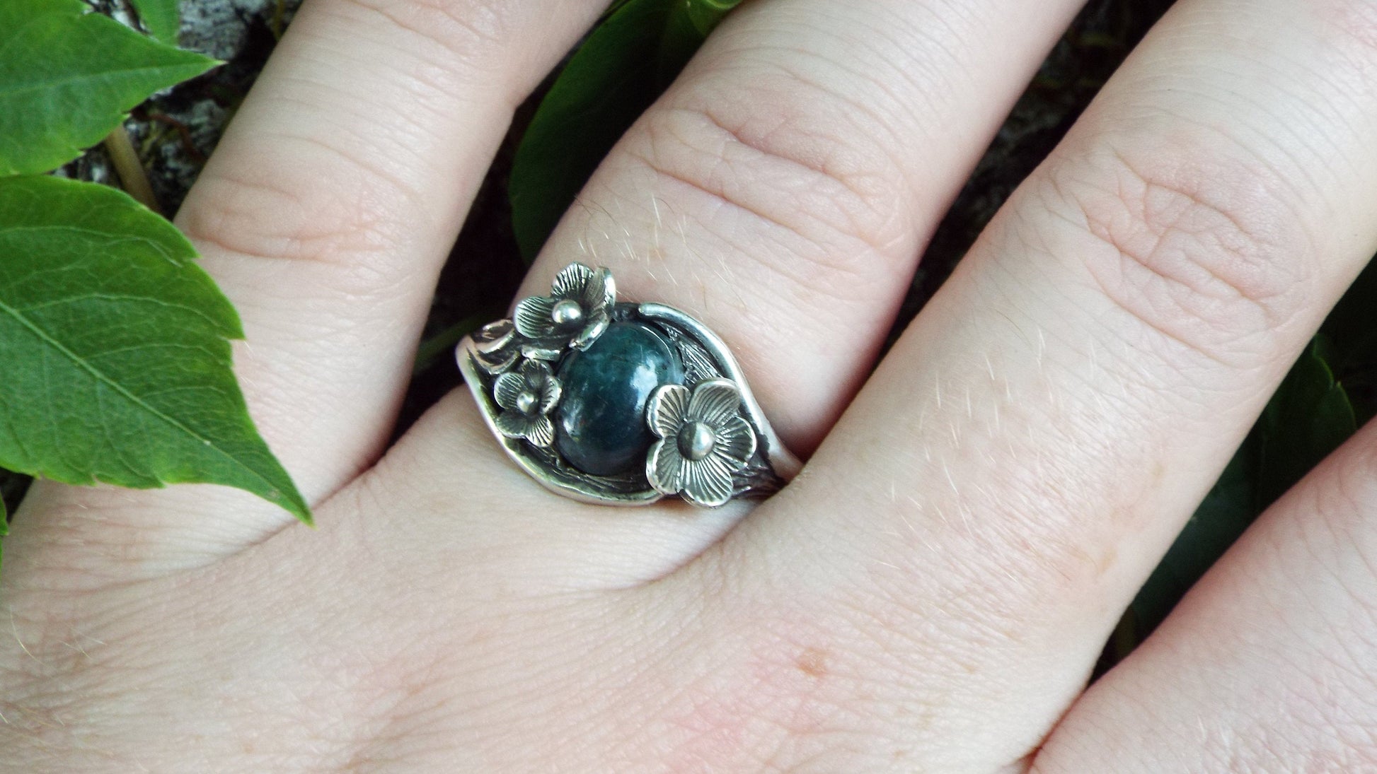 Moss Agate Sterling Silver Nature Inspired Flower Ring - JF Fantasy Jewelry