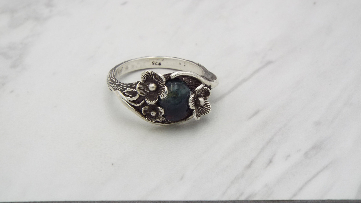 Moss Agate Sterling Silver Nature Inspired Flower Ring - JF Fantasy Jewelry
