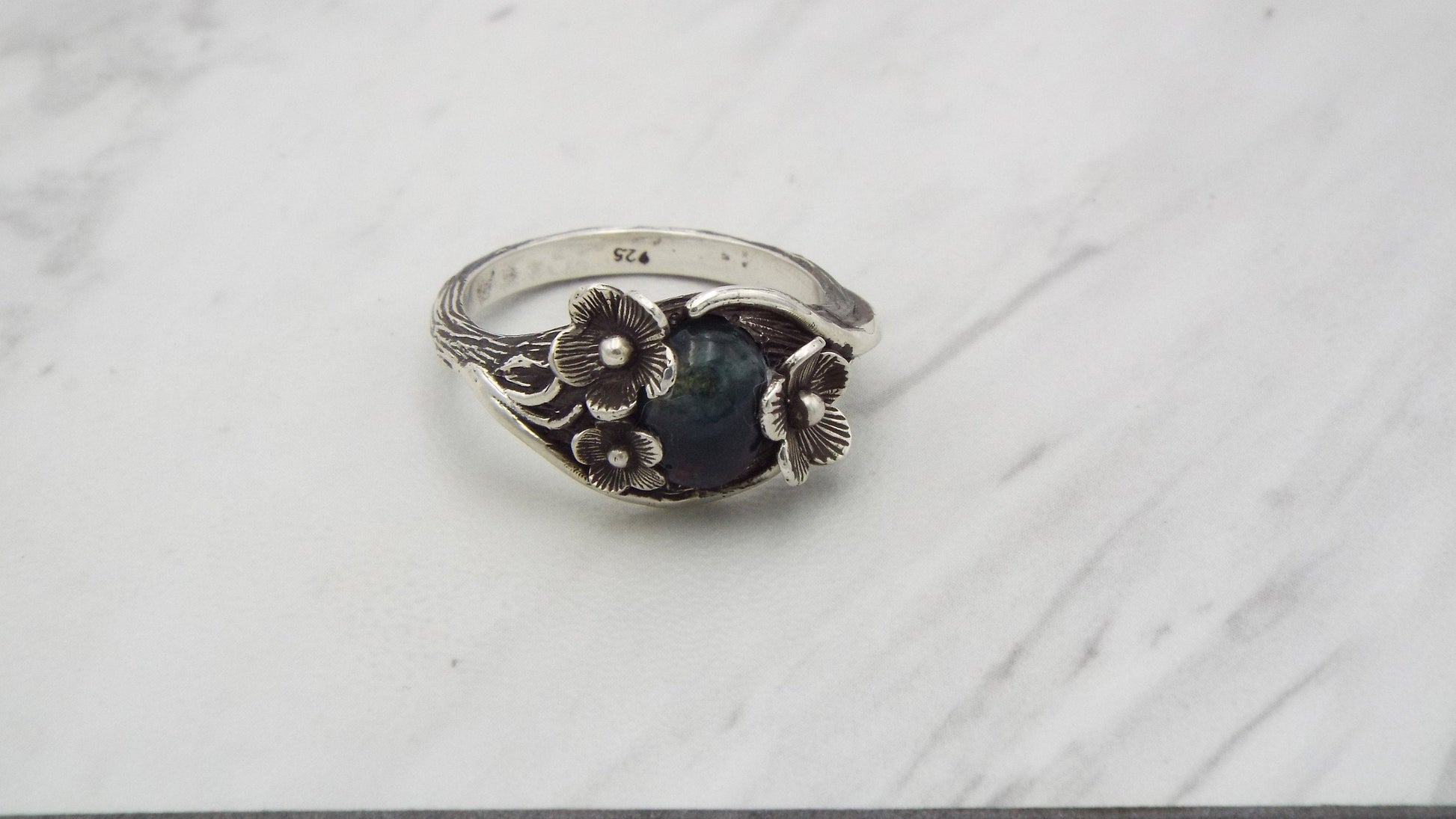 Moss Agate Sterling Silver Nature Inspired Flower Ring - JF Fantasy Jewelry