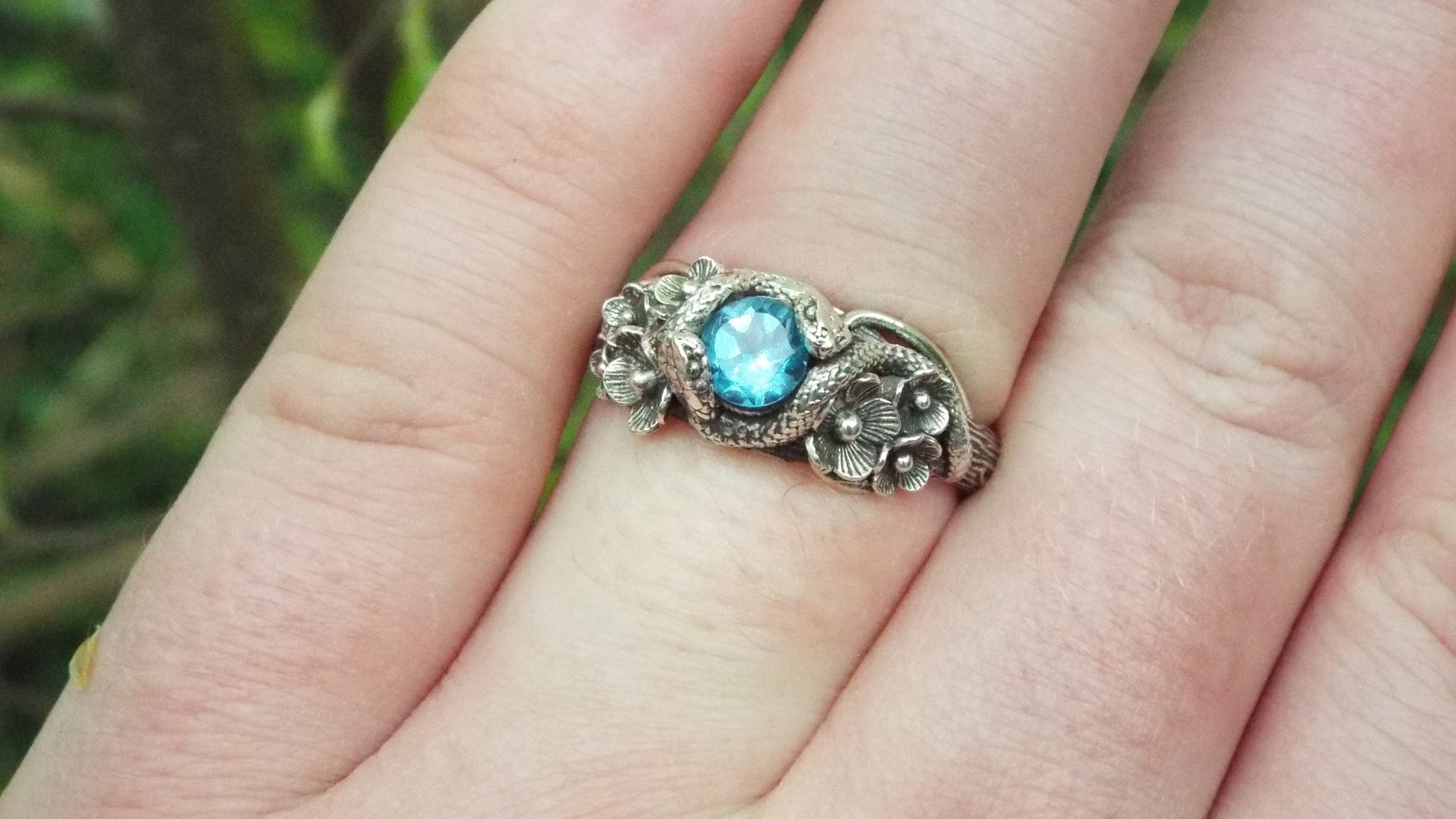 Blue Topaz Snake and Flower Ring - JF Fantasy Jewelry