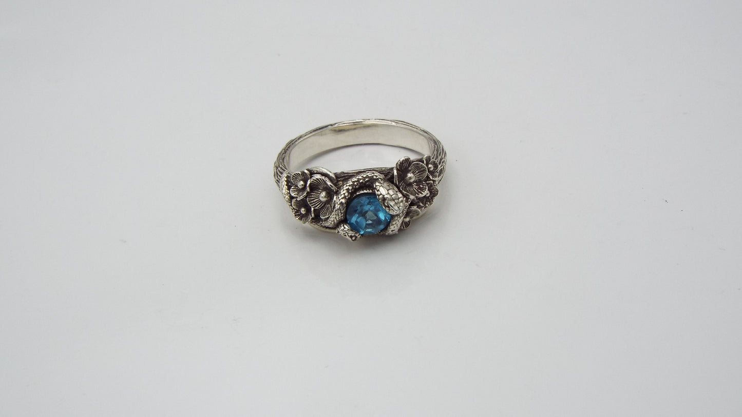 Blue Topaz Snake and Flower Ring - JF Fantasy Jewelry