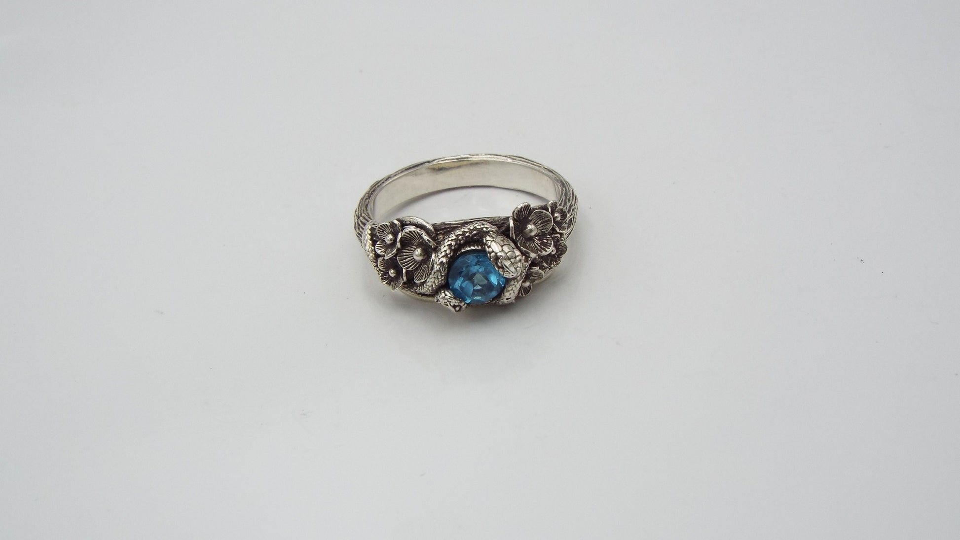 Blue Topaz Snake and Flower Ring - JF Fantasy Jewelry