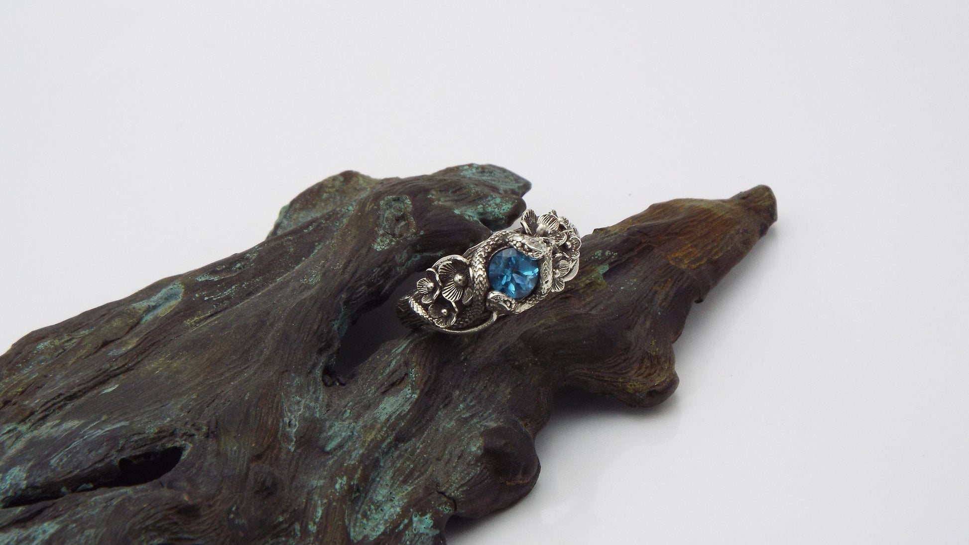 Blue Topaz Snake and Flower Ring - JF Fantasy Jewelry
