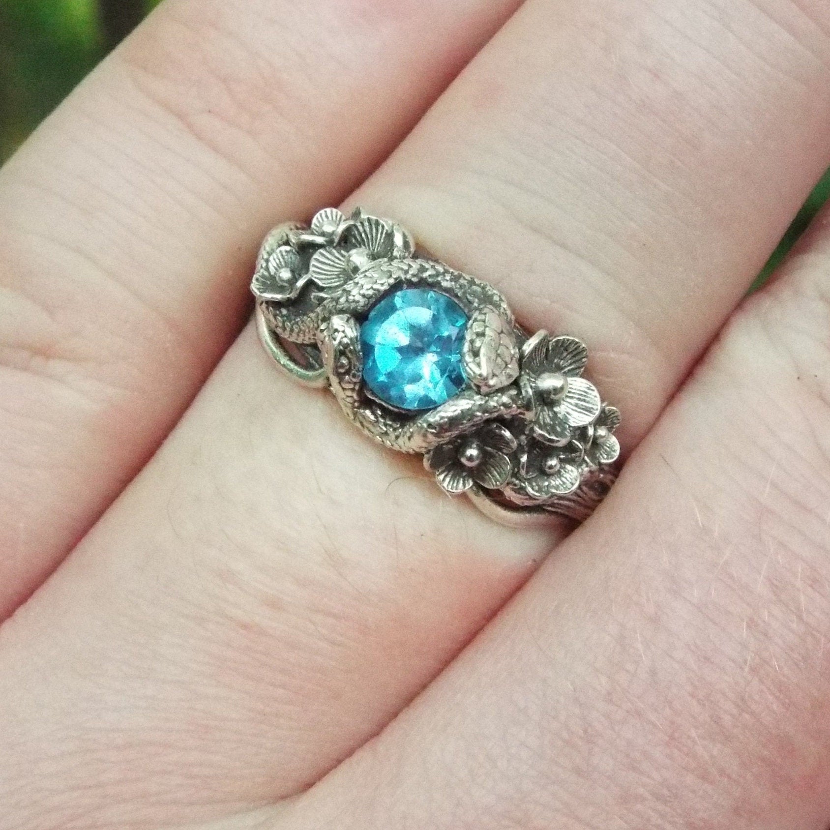 Blue Topaz Snake and Flower Ring - JF Fantasy Jewelry