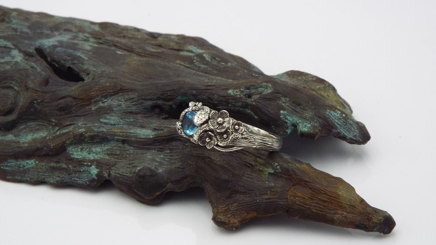Blue Topaz Snake and Flower Ring - JF Fantasy Jewelry