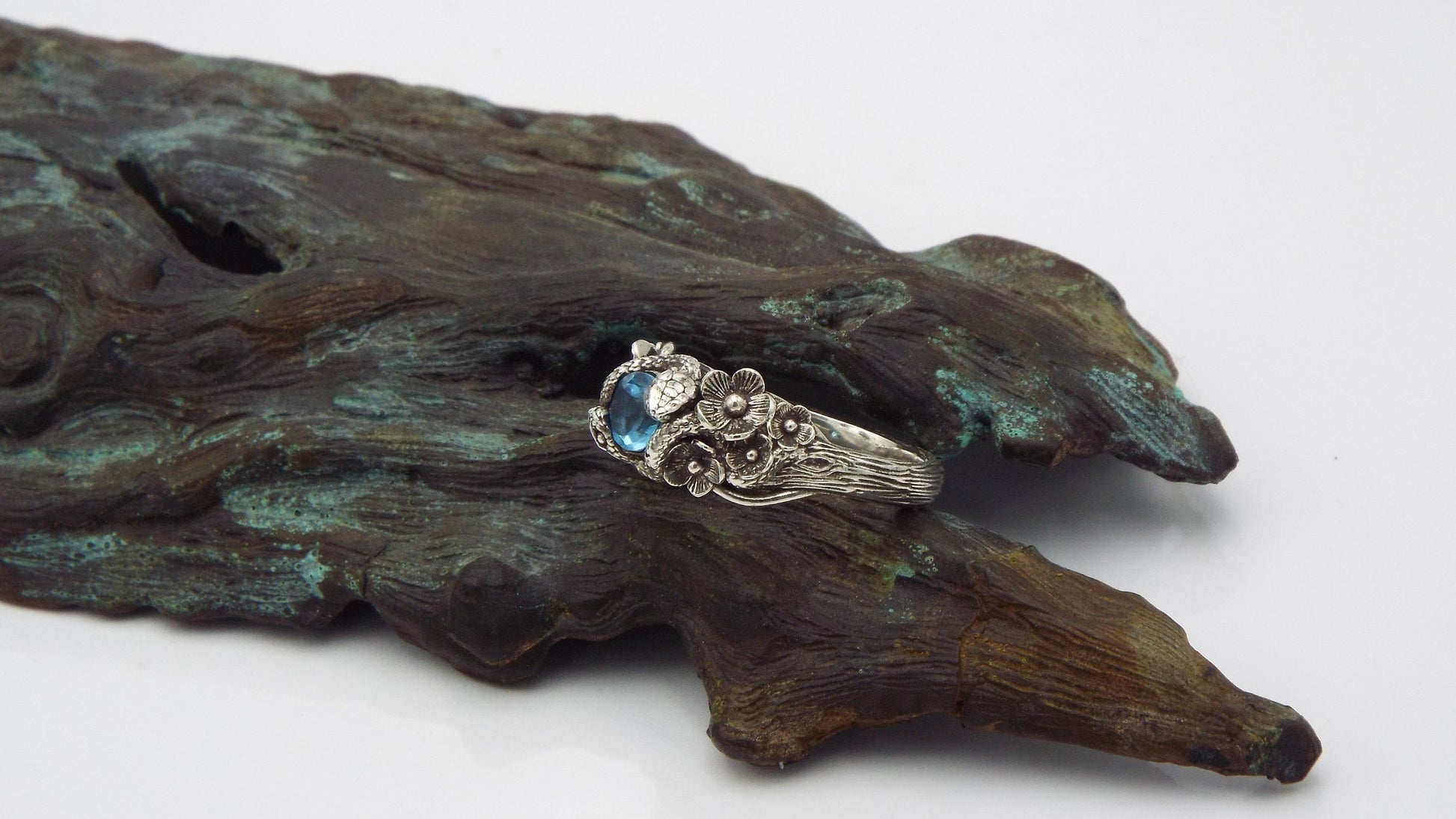 Blue Topaz Snake and Flower Ring - JF Fantasy Jewelry