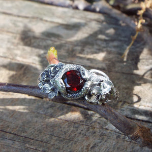 Garnet Snake and Flower Ring - JF Fantasy Jewelry