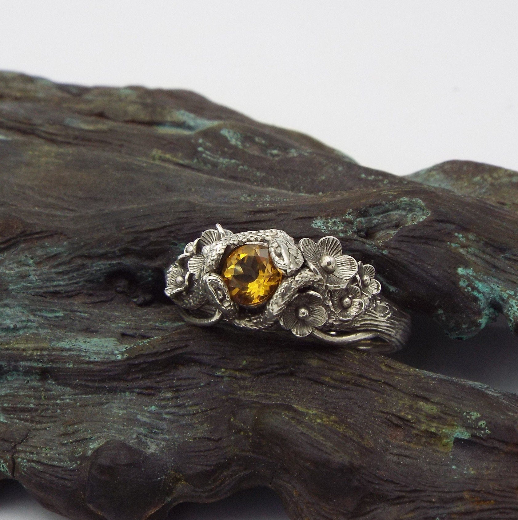 Citrine Snake and Flower Ring - JF Fantasy Jewelry