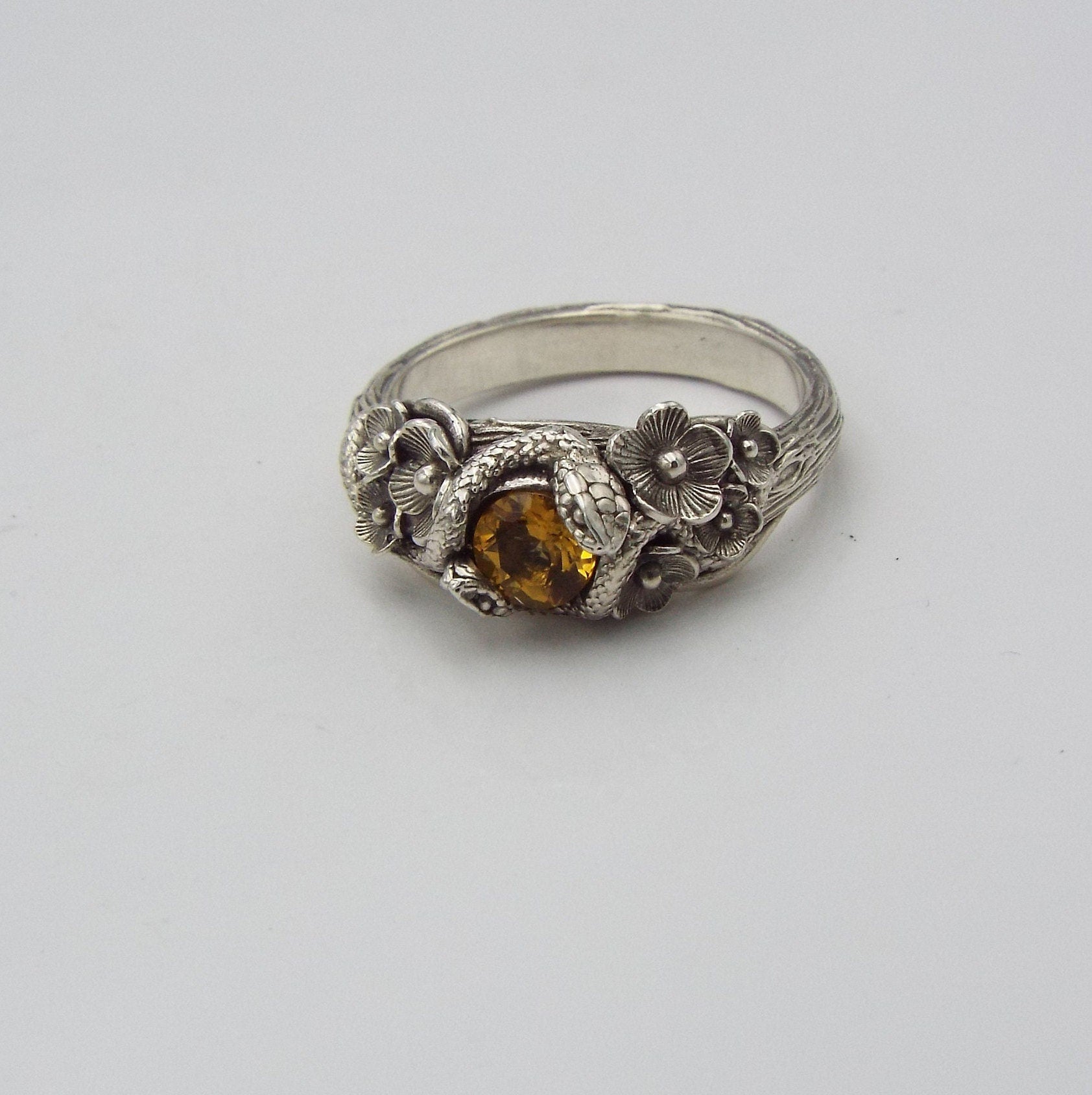 Citrine Snake and Flower Ring - JF Fantasy Jewelry