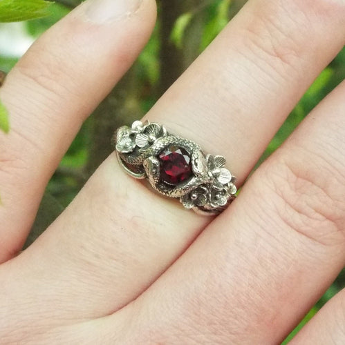 Garnet Snake and Flower Ring - JF Fantasy Jewelry
