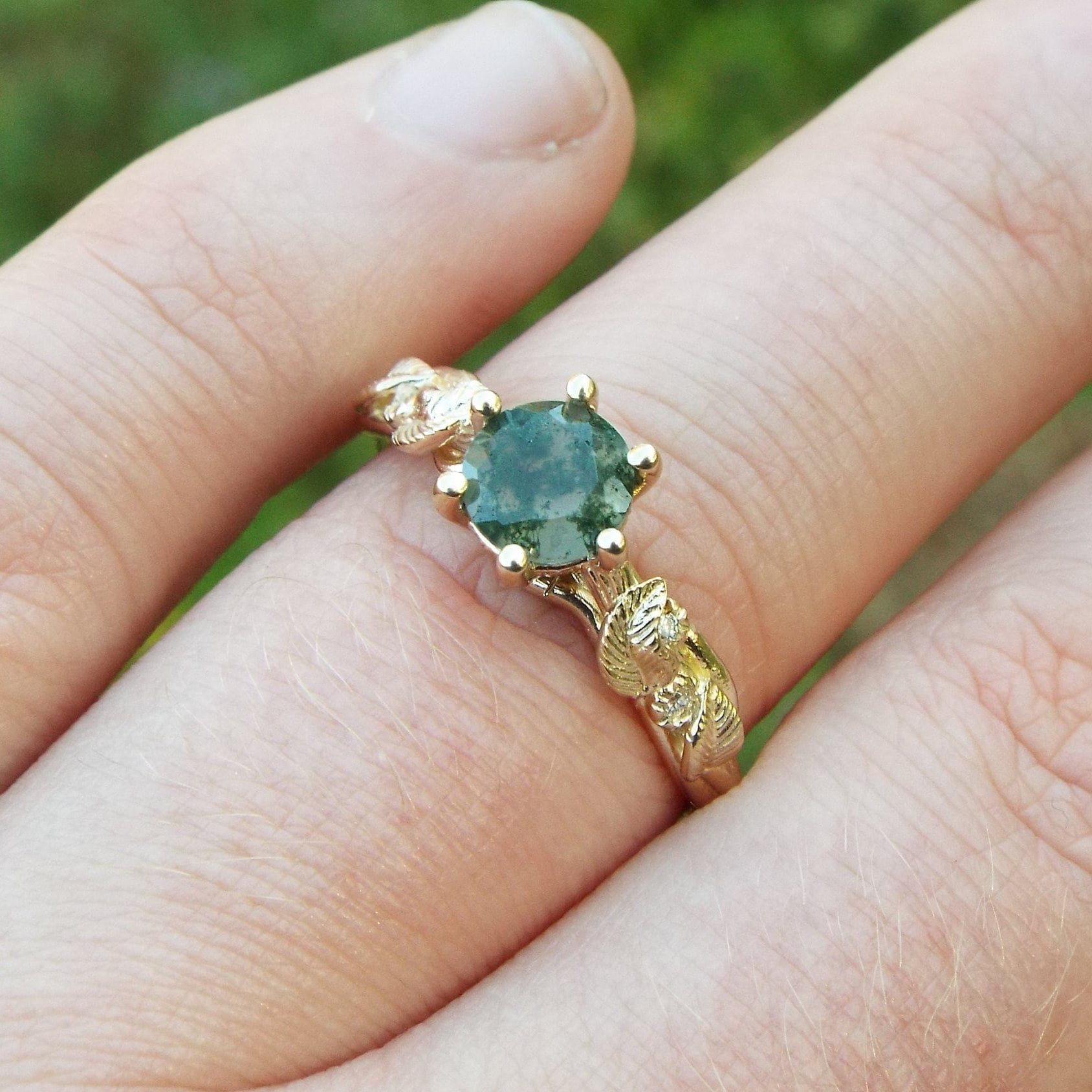 Moss Agate Gold Engagement Ring - JF Fantasy Jewelry