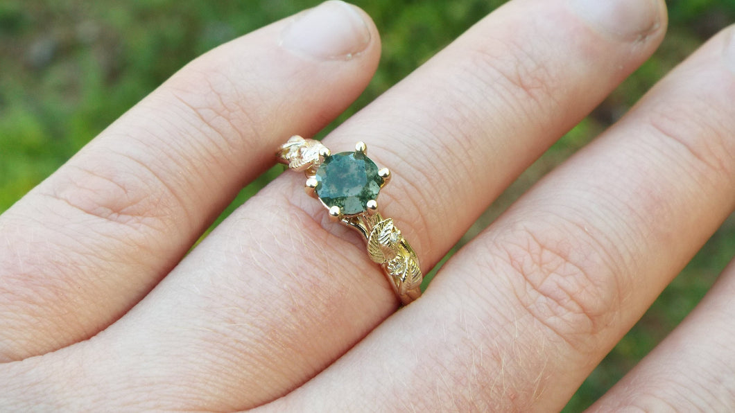 Moss Agate Gold Engagement Ring - JF Fantasy Jewelry