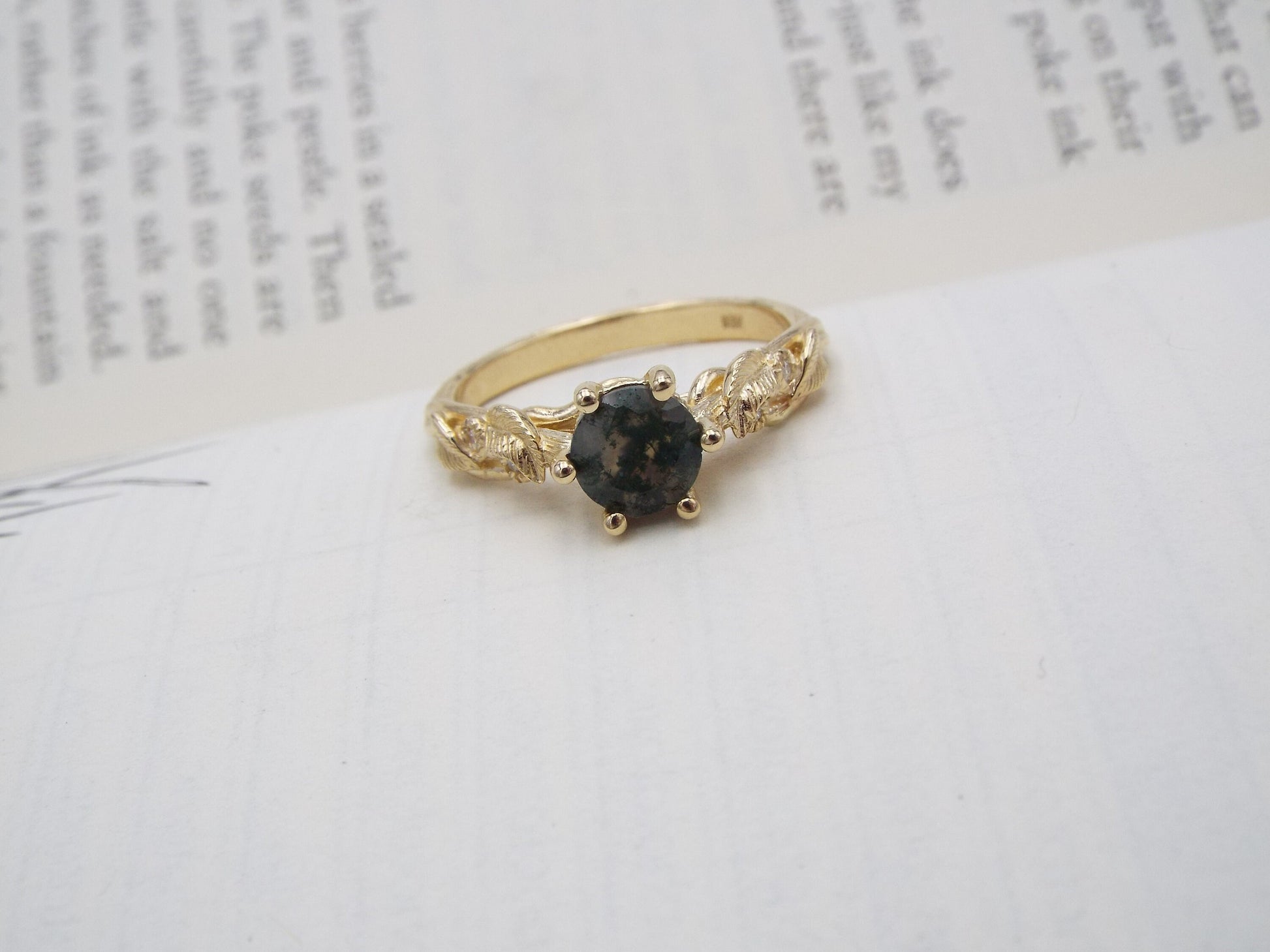 Moss Agate Gold Engagement Ring - JF Fantasy Jewelry
