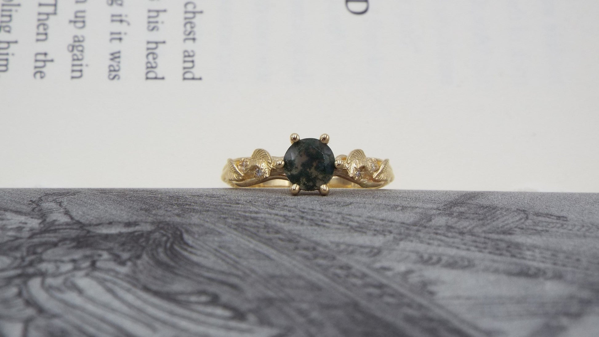 Moss Agate Gold Engagement Ring - JF Fantasy Jewelry
