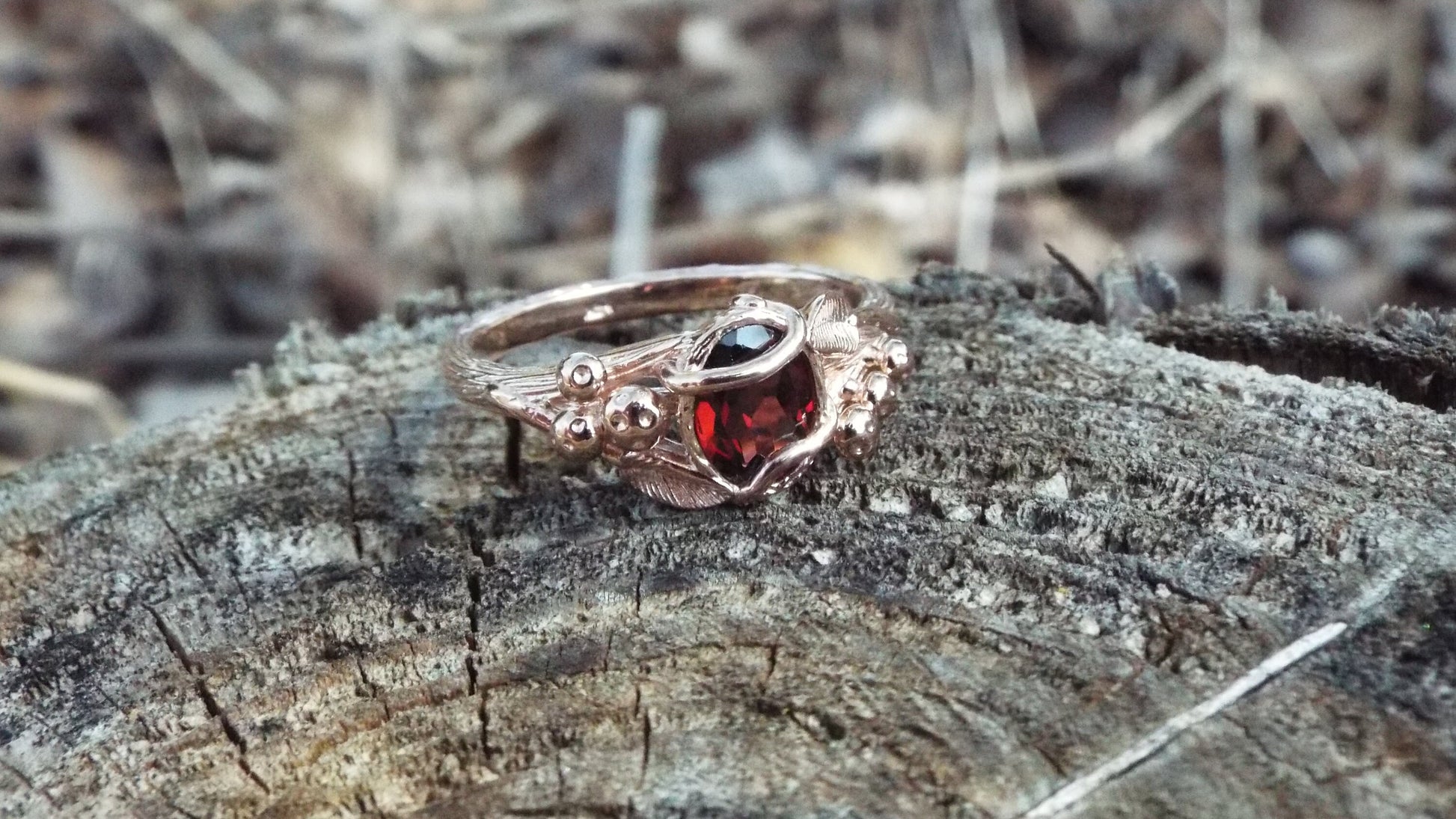Garnet Mushroom Gold Solitaire Ring - JF Fantasy Jewelry