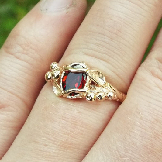 Garnet Mushroom Gold Solitaire Ring - JF Fantasy Jewelry