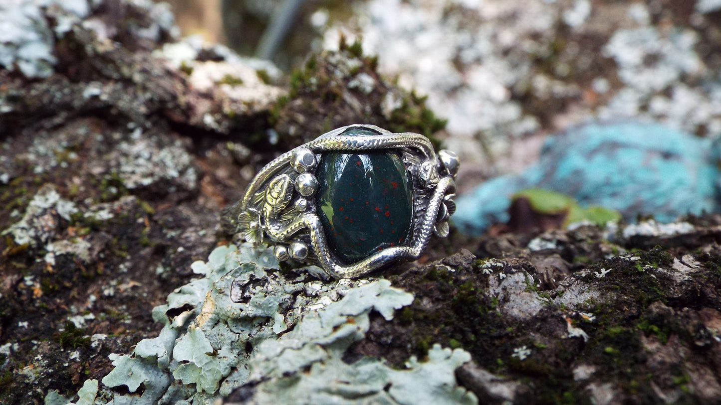 Bloodstone Snake and Mushroom Ring - JF Fantasy Jewelry