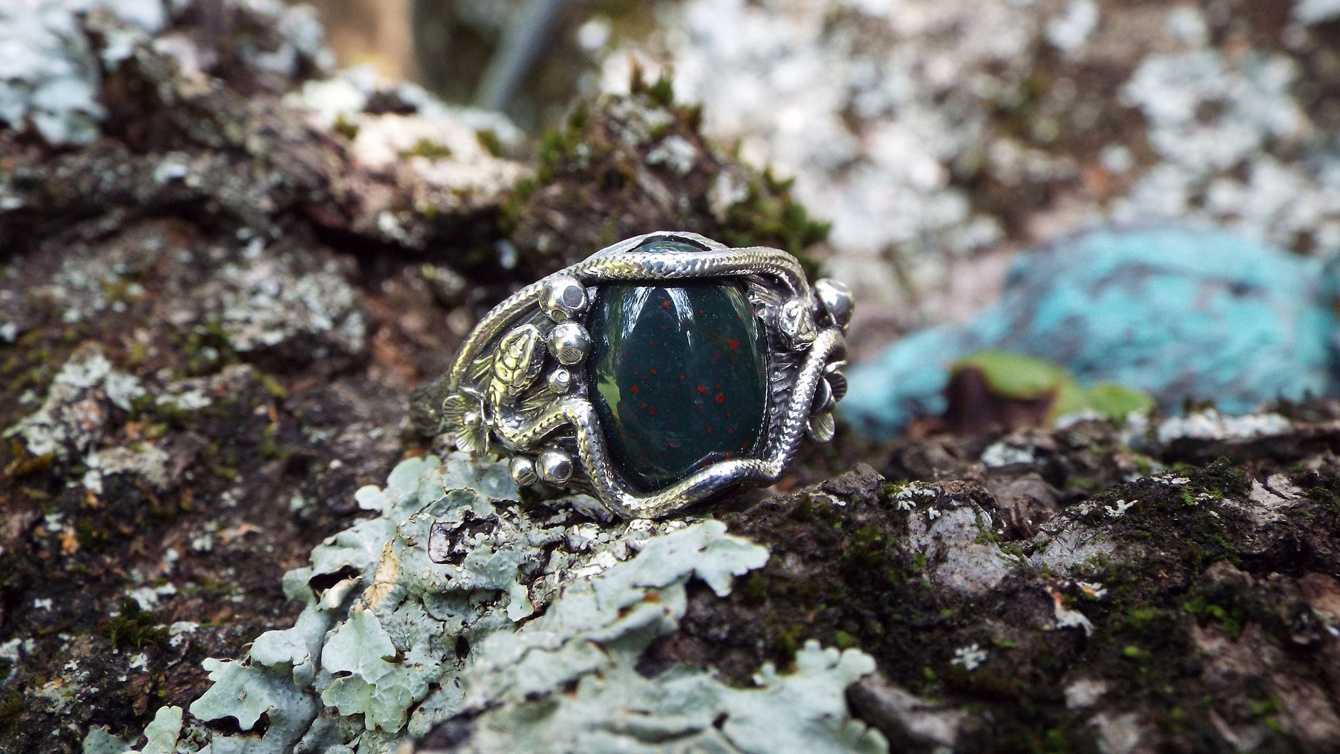 Bloodstone Snake and Mushroom Ring - JF Fantasy Jewelry