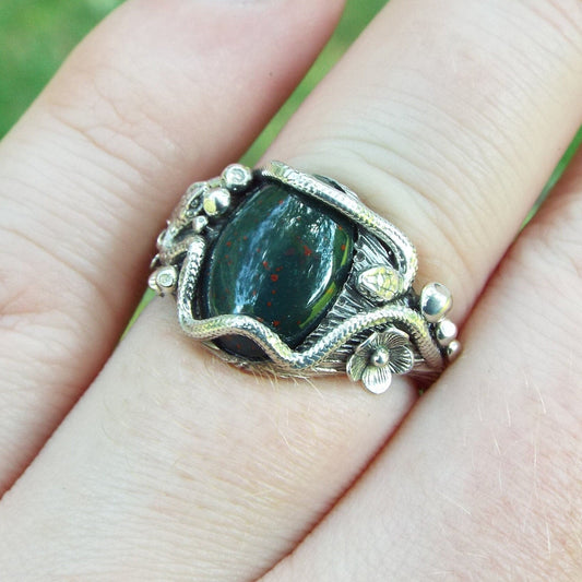Bloodstone Snake and Mushroom Ring - JF Fantasy Jewelry
