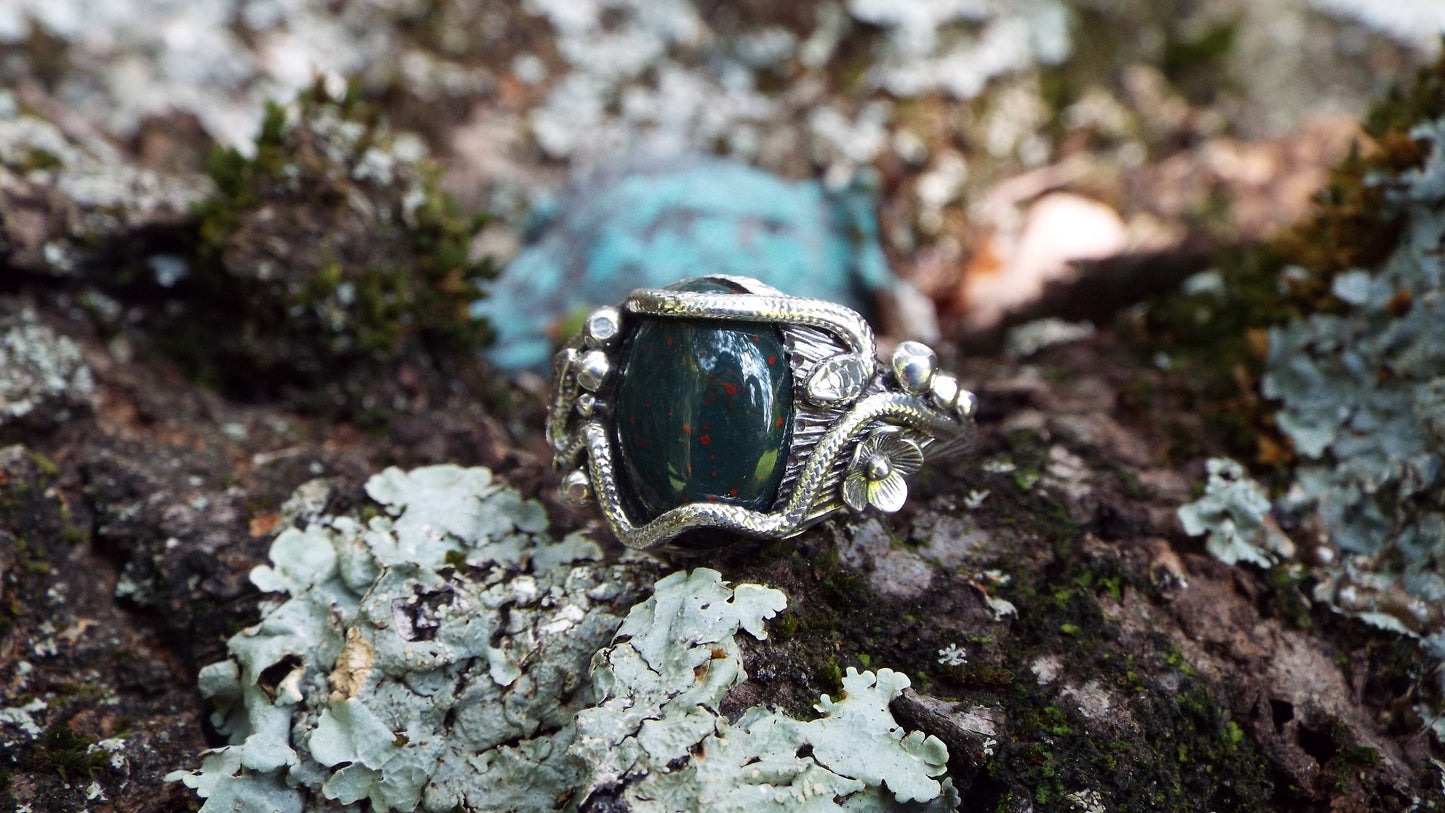 Bloodstone Snake and Mushroom Ring - JF Fantasy Jewelry