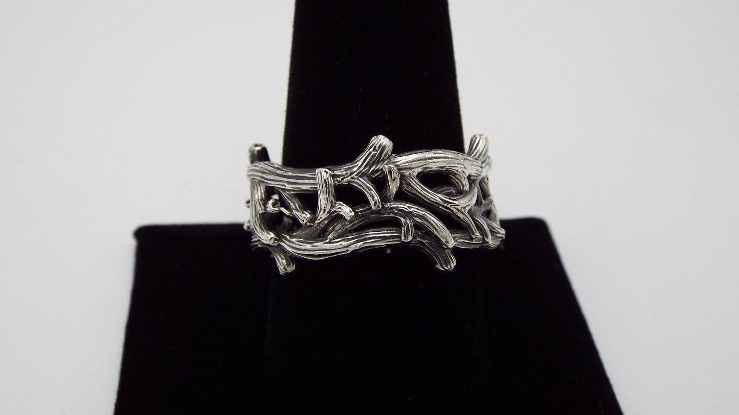 Nature-Inspired Sterling Silver Branch and Twig Wide Band Ring - JF Fantasy Jewelry