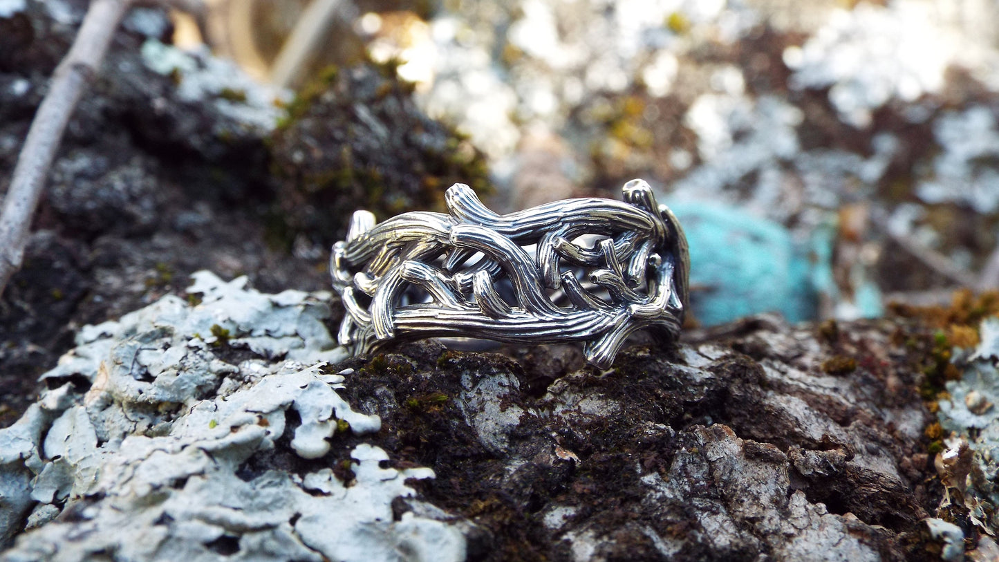 Nature-Inspired Sterling Silver Branch and Twig Wide Band Ring - JF Fantasy Jewelry