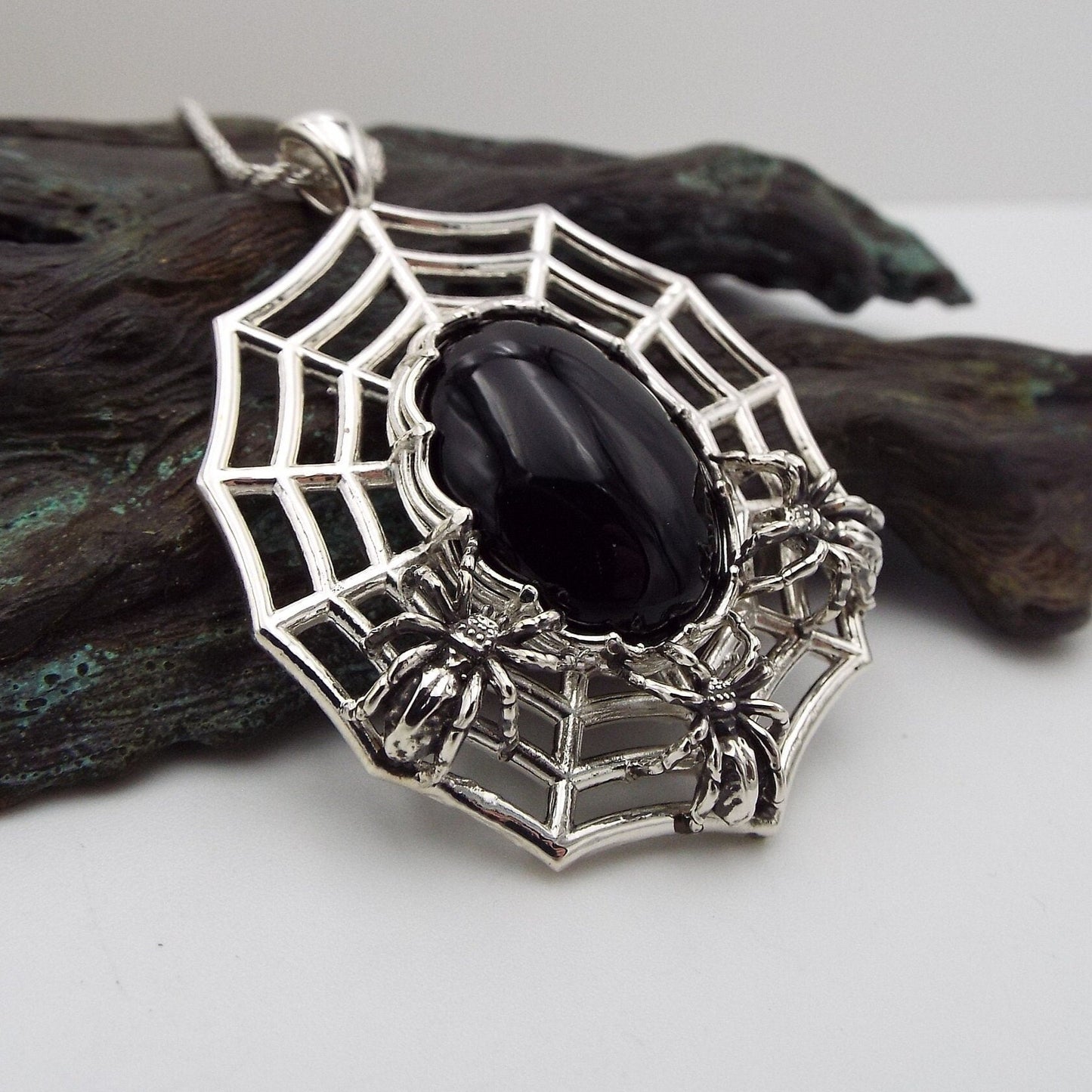 Nest Of Spiders Sterling Silver Necklace with Black Onyx Spider Pendant - JF Fantasy Jewelry