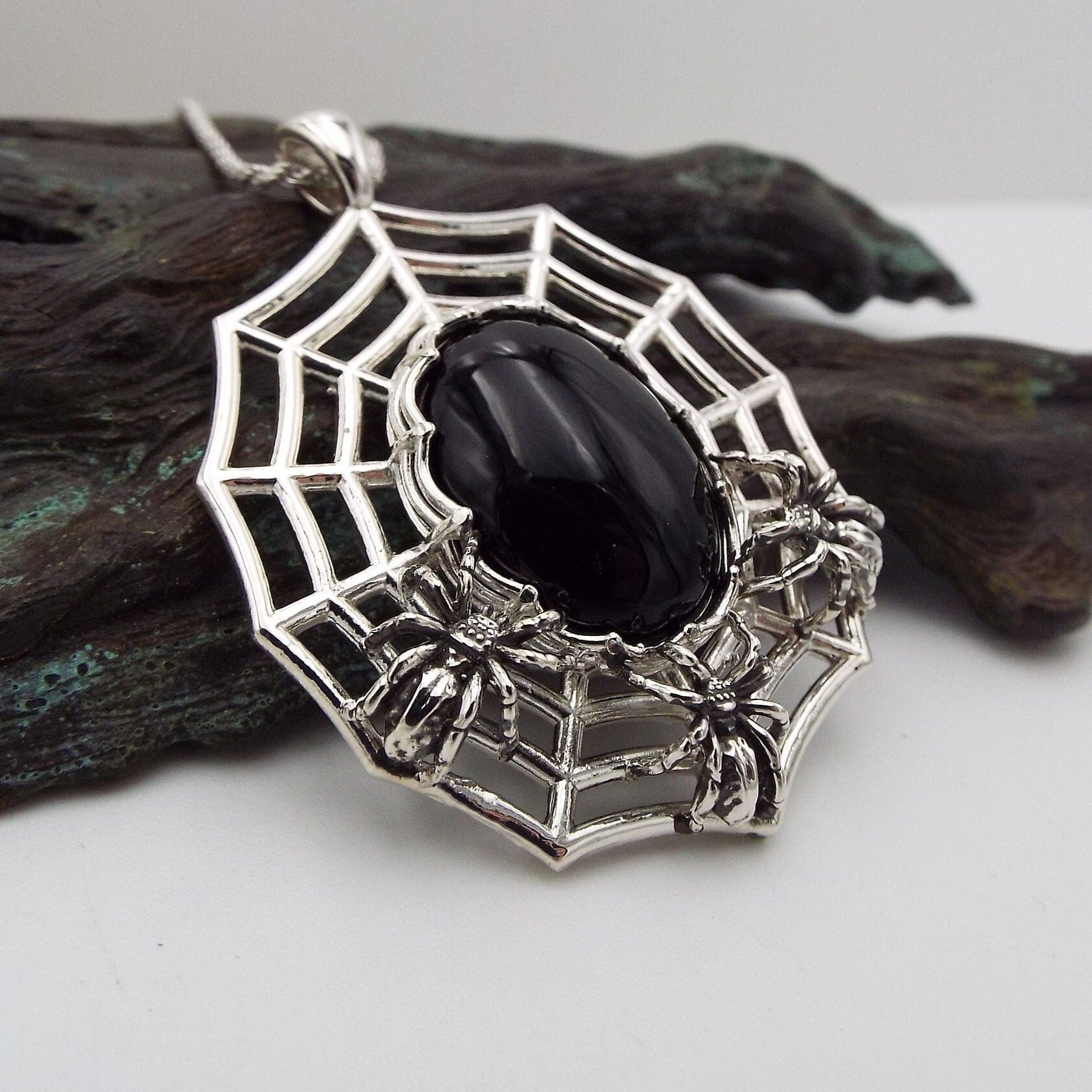 Nest Of Spiders Sterling Silver Necklace with Black Onyx Spider Pendant - JF Fantasy Jewelry