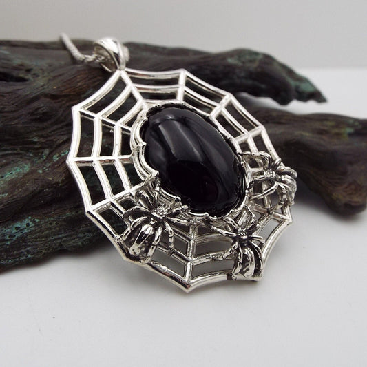 Nest Of Spiders Sterling Silver Necklace with Black Onyx Spider Pendant - JF Fantasy Jewelry