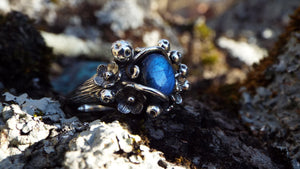 Magical Labradorite Mushroom and Flower Sterling Silver Ring - JF Fantasy Jewelry