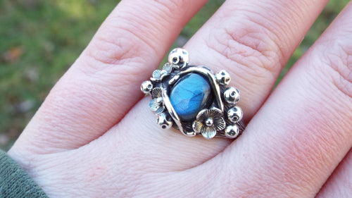 Magical Labradorite Mushroom and Flower Sterling Silver Ring - JF Fantasy Jewelry