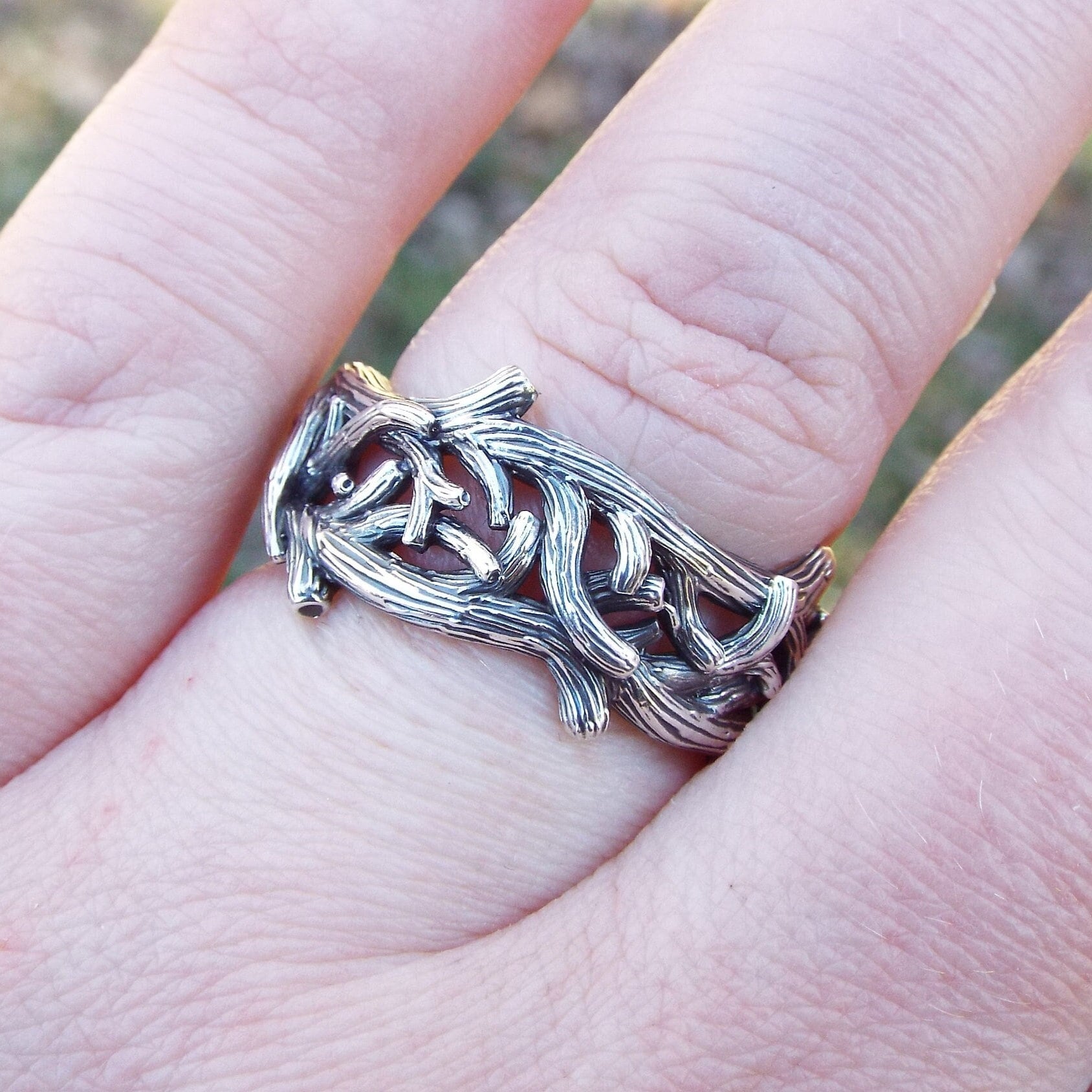 Nature-Inspired Sterling Silver Branch and Twig Wide Band Ring - JF Fantasy Jewelry