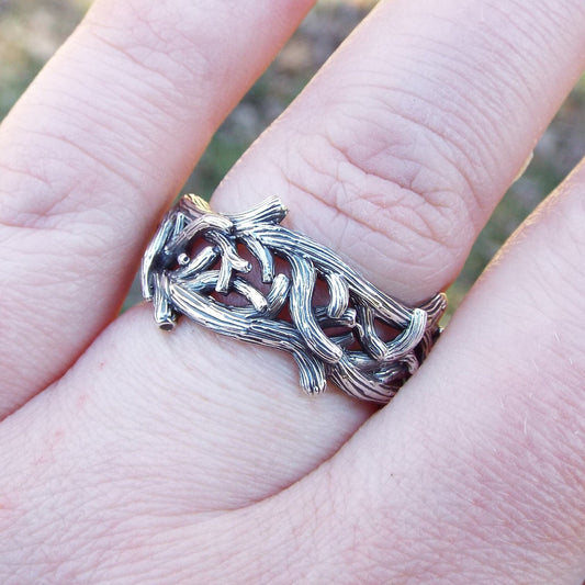 Nature-Inspired Sterling Silver Branch and Twig Wide Band Ring - JF Fantasy Jewelry