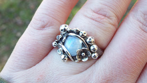 Mystical Moonstone Mushroom and Flower Silver Ring - JF Fantasy Jewelry