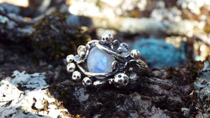 Mystical Moonstone Mushroom and Flower Silver Ring - JF Fantasy Jewelry