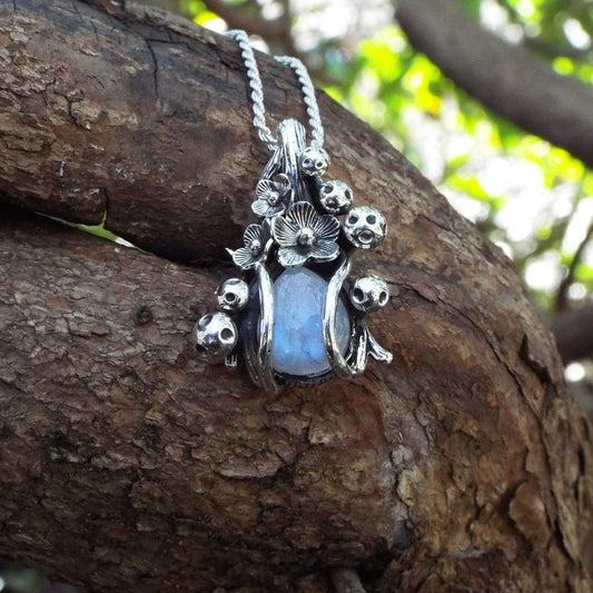 Magical Moonstone Mushroom and Flower Necklace - JF Fantasy Jewelry