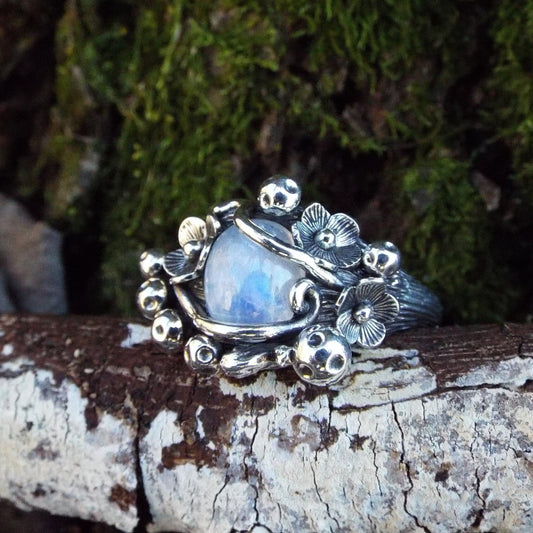 Mystical Moonstone Mushroom and Flower Silver Ring - JF Fantasy Jewelry