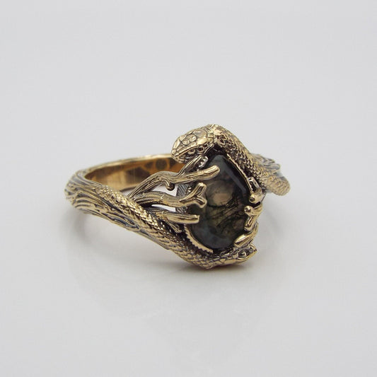 Teardrop Moss Agate Golden Snake Ring - JF Fantasy Jewelry